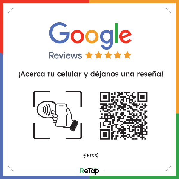 Retap Review en formato adhesivo, con el logotipo de Google Reviews, un código QR y el aviso «Acerca tu celular y déjanos una reseña».